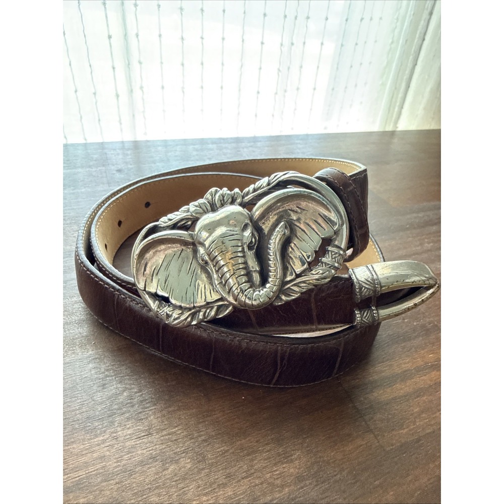VTG BRIGHTON Leather Belt Sz M Croc Embossed SILVER ELEPHANT BUCKLE